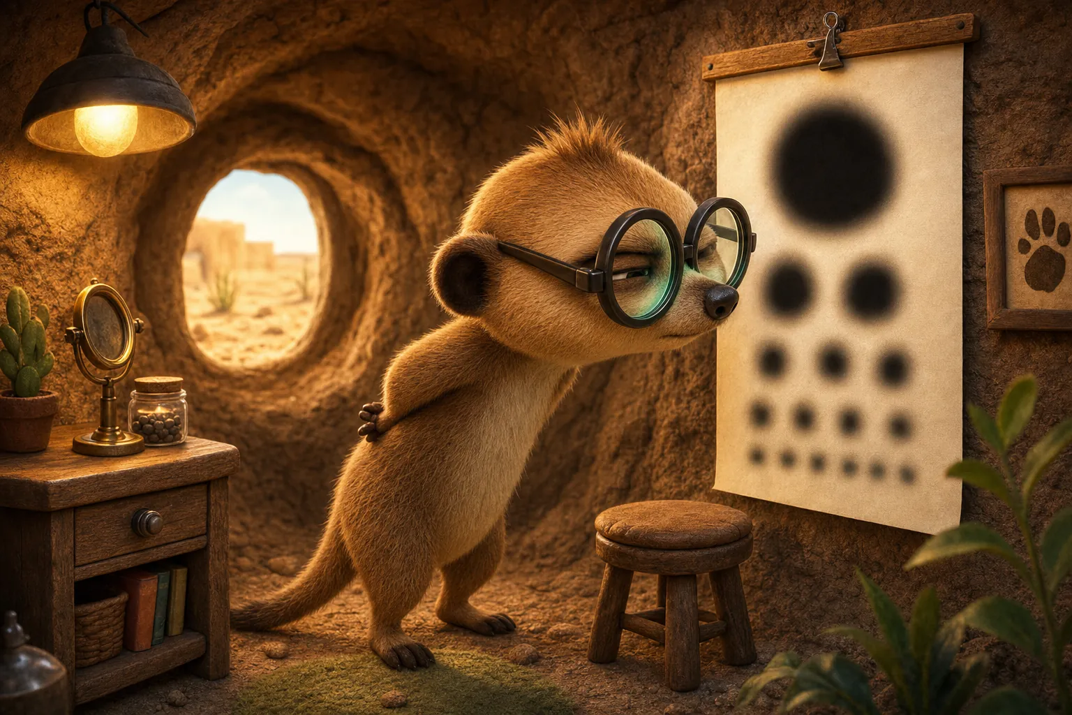 The meerkat in thick glasses leans in to a blurry eye chart on the burrow wall, his nose almost touching it
