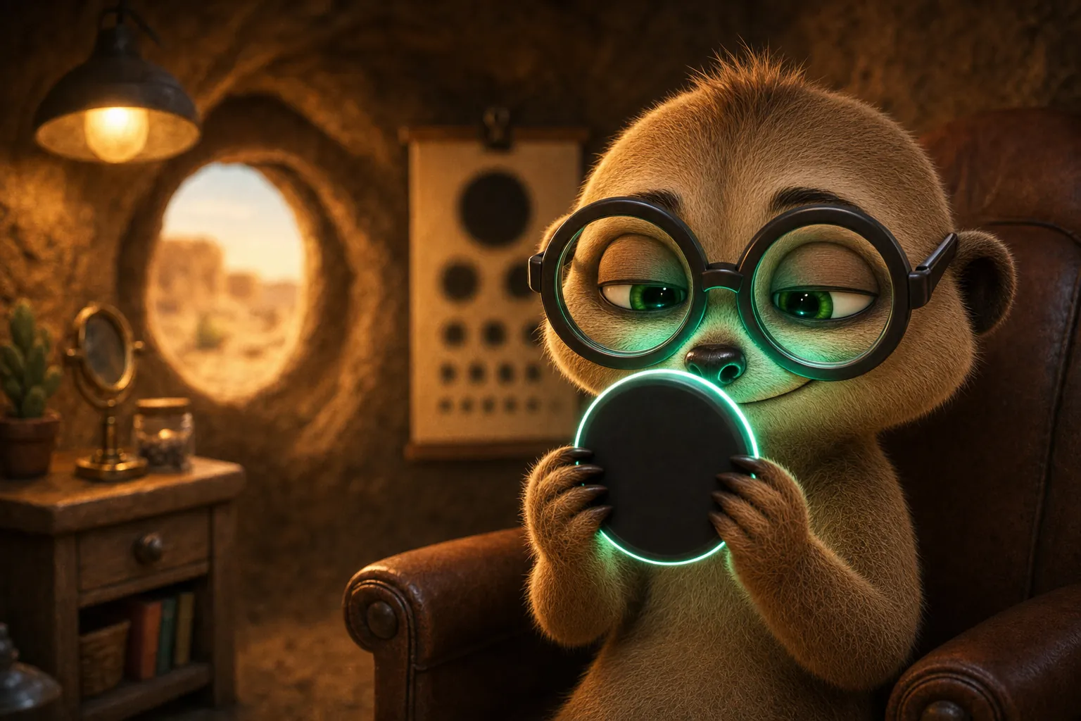 The meerkat with very thick glasses sitting in the optician's chair, holding his glowing coin right in front of his nose, blissfully happy