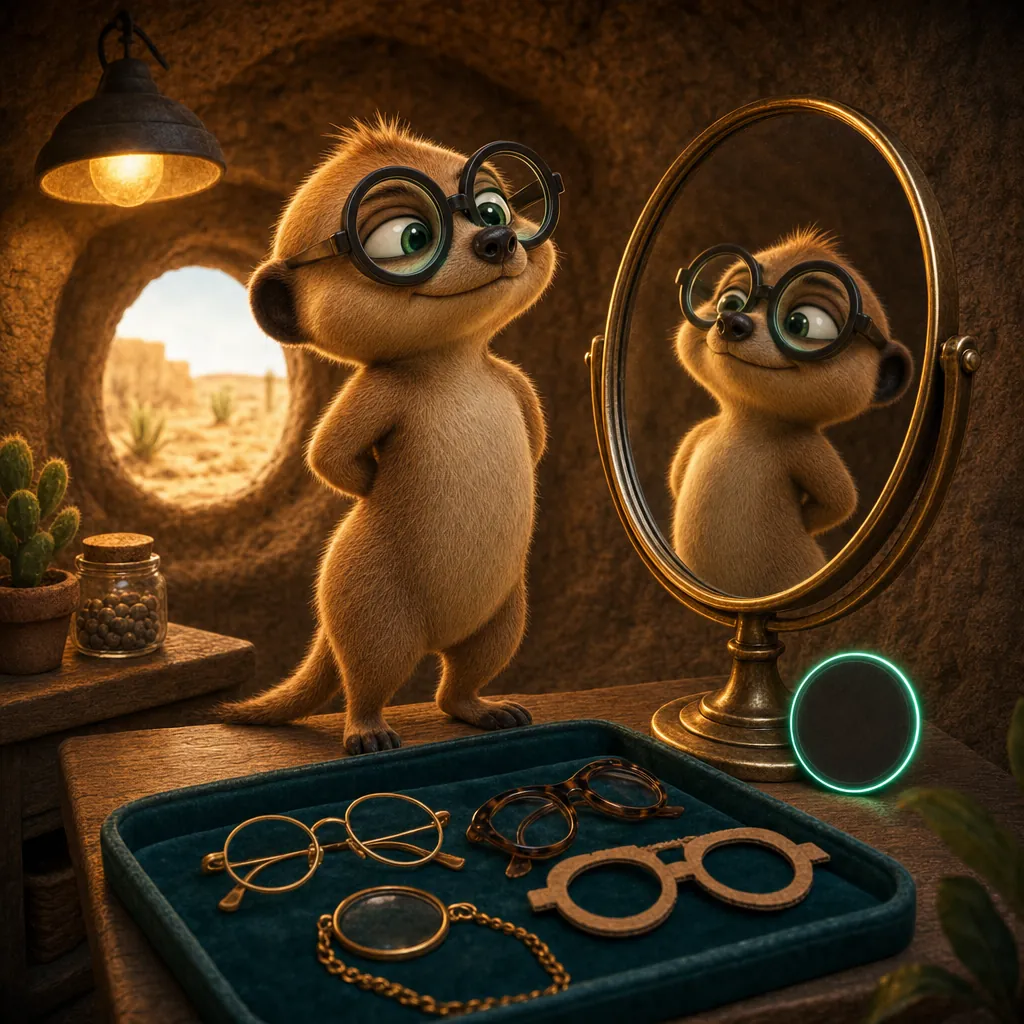 The meerkat in his thick glasses smiles at himself in a round fitting mirror. A velvet tray of frames lies in front of him.